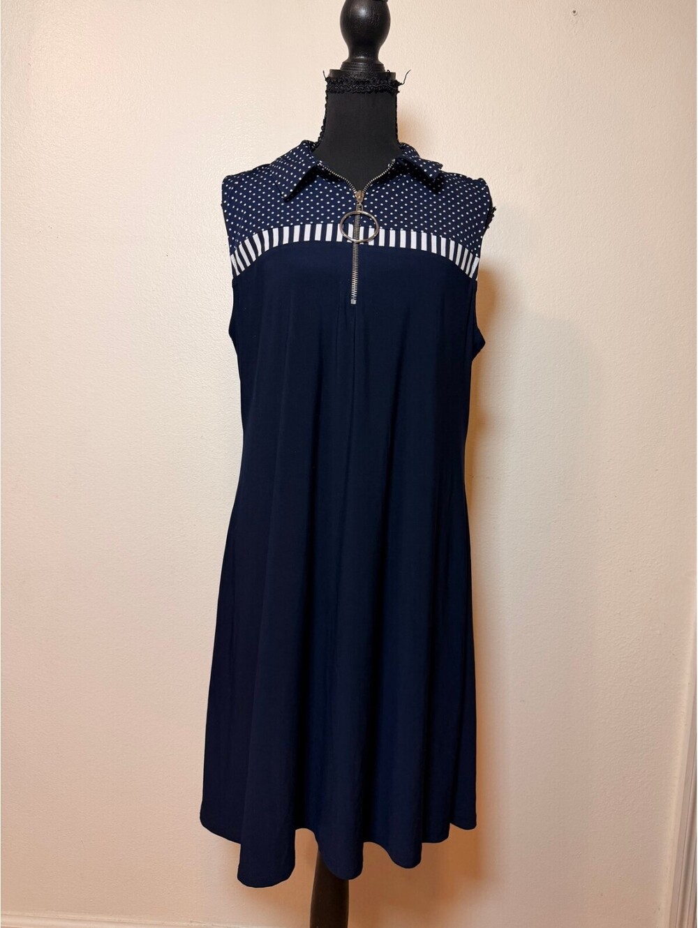 MSK Navy Blue Polka Dot Zip-Front Midi Dress L